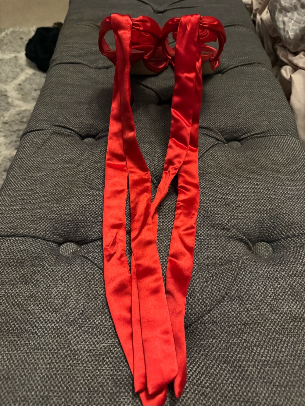 Nine West Red Satin Rose-Detail Ankle Tie Heels - Picture 3 of 9